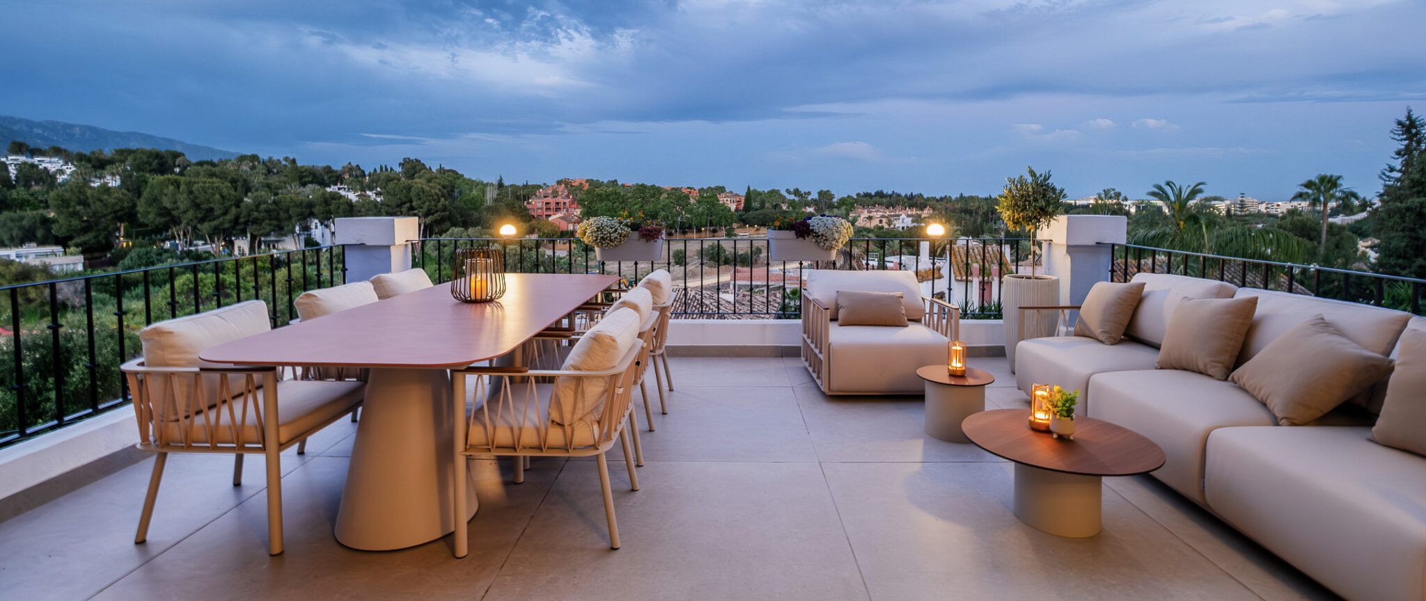 Evening view from the balcony of a penthouse in Marbella