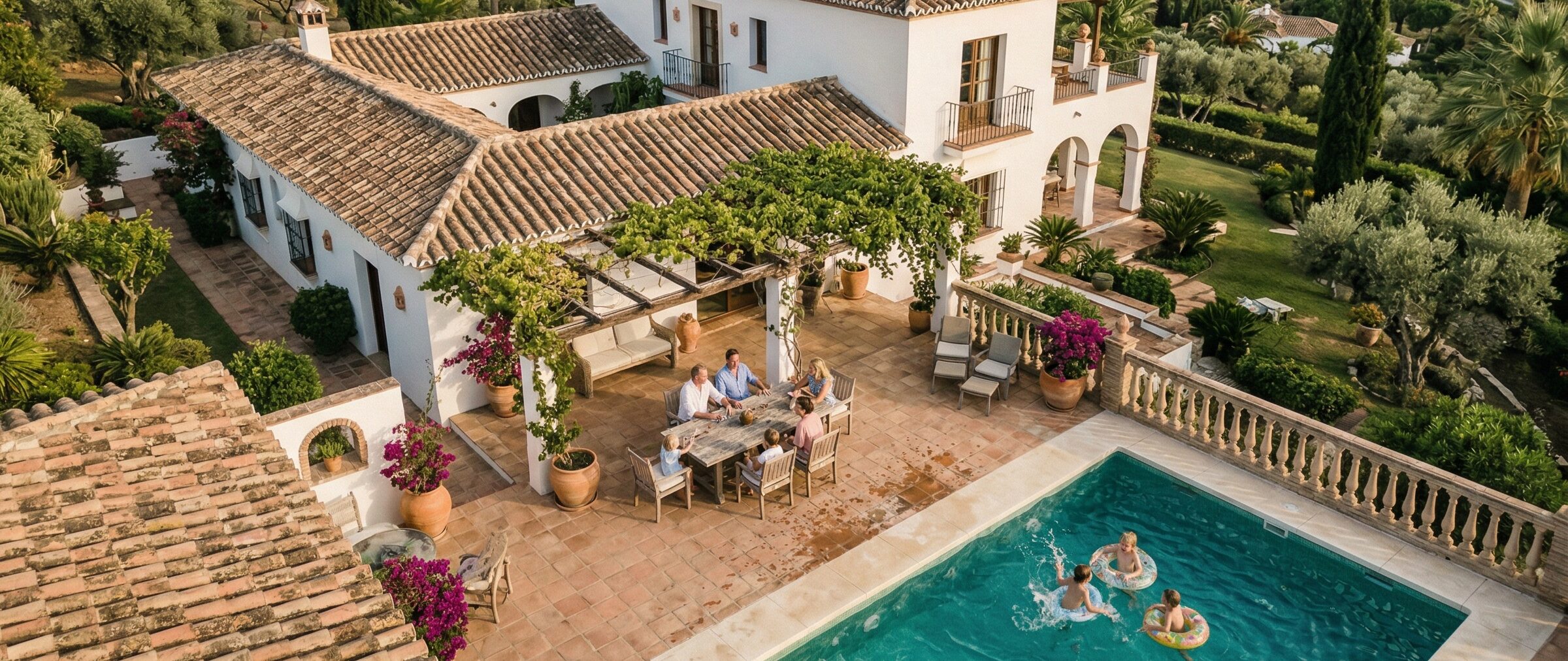 Family enjoying an afternoon on the terrace and pool area of a home in Marbella