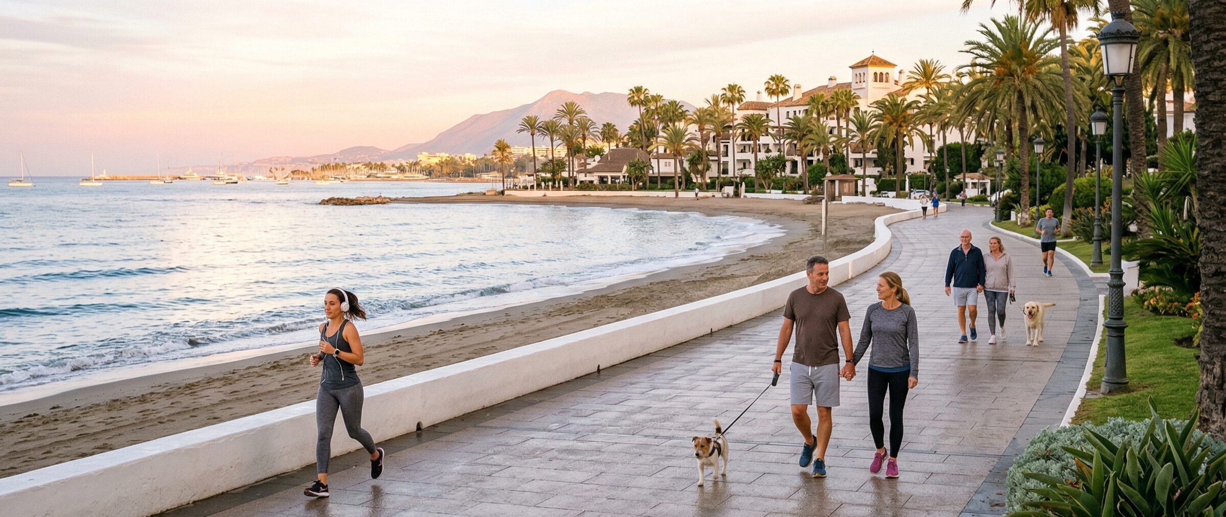 Marbella Paseo Maritimo in the morning, people enjoying a walk close to the sea